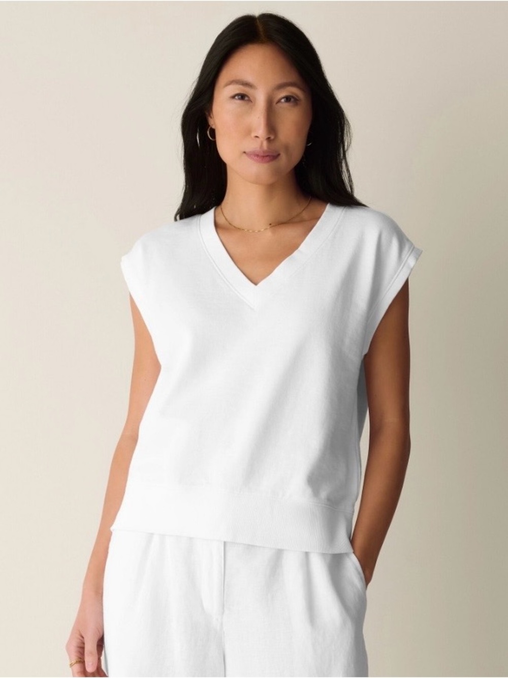 Eileen Fisher Oversized White V-Neck Knit Top
